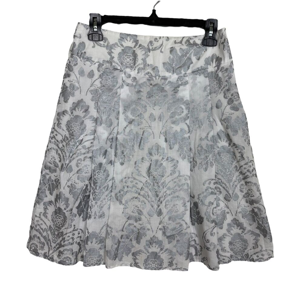 Loft Silver White Pleated Floral A-Line Skirt Women's 2 Lined Career Business